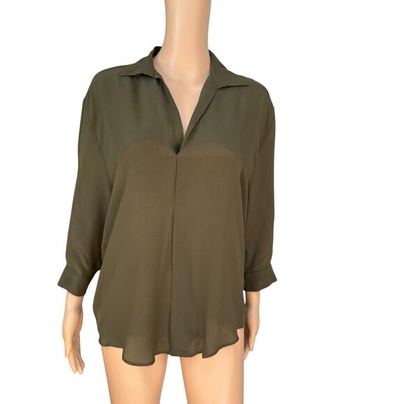 Lavender Brown 100% silk olive green oversized blouse size XS - Picture 1 of 7